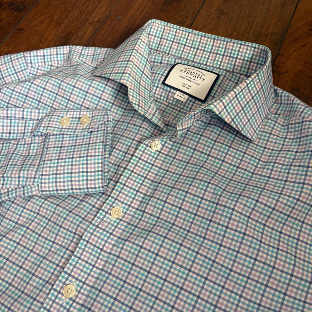 Charles Tyrwhitt Dress Shirt Mens 16/34 Blue Plaid Non-Iron Slim Fit Casual